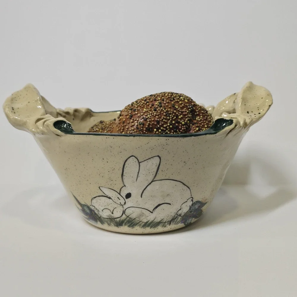 Vintage Gail Miller Signed Pottery Bunny Bowl Folk Art Arkansas HandPainted